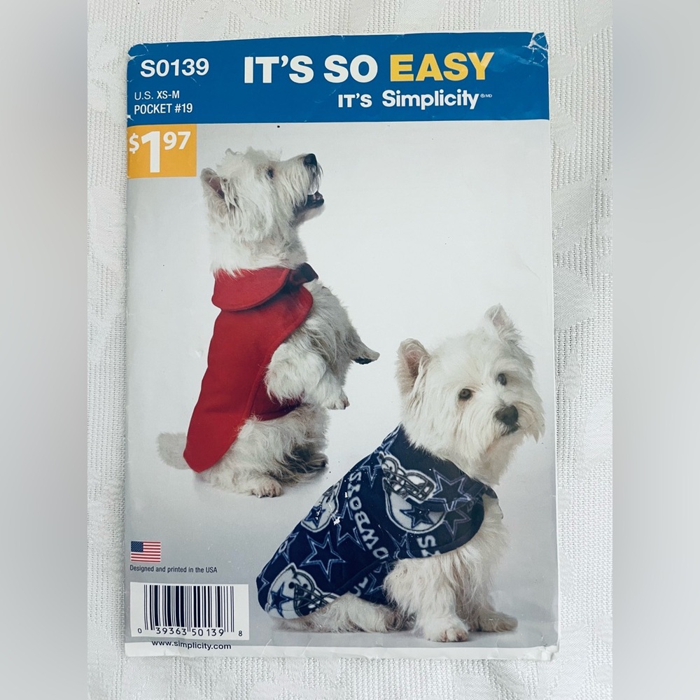 Simplicity S0139 dog coat pattern UNCUT NOS
